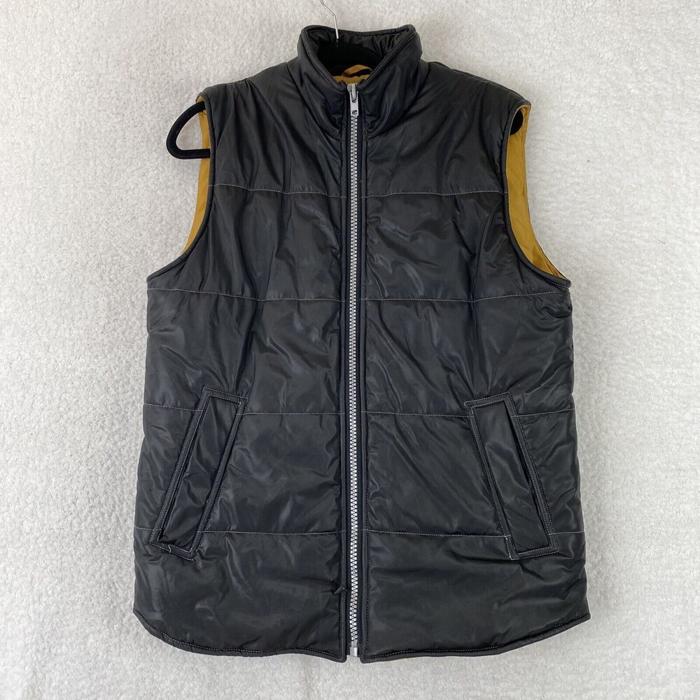 BC Ethic Slicks Men's Black Puffer Vest Medium Front Pockets Gold Liner